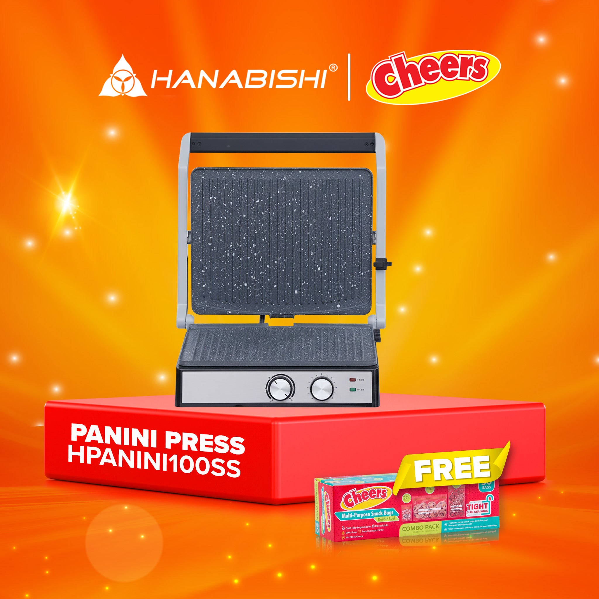 Hanabishi 2in1 Panini Press and Griller HPANINI100SS