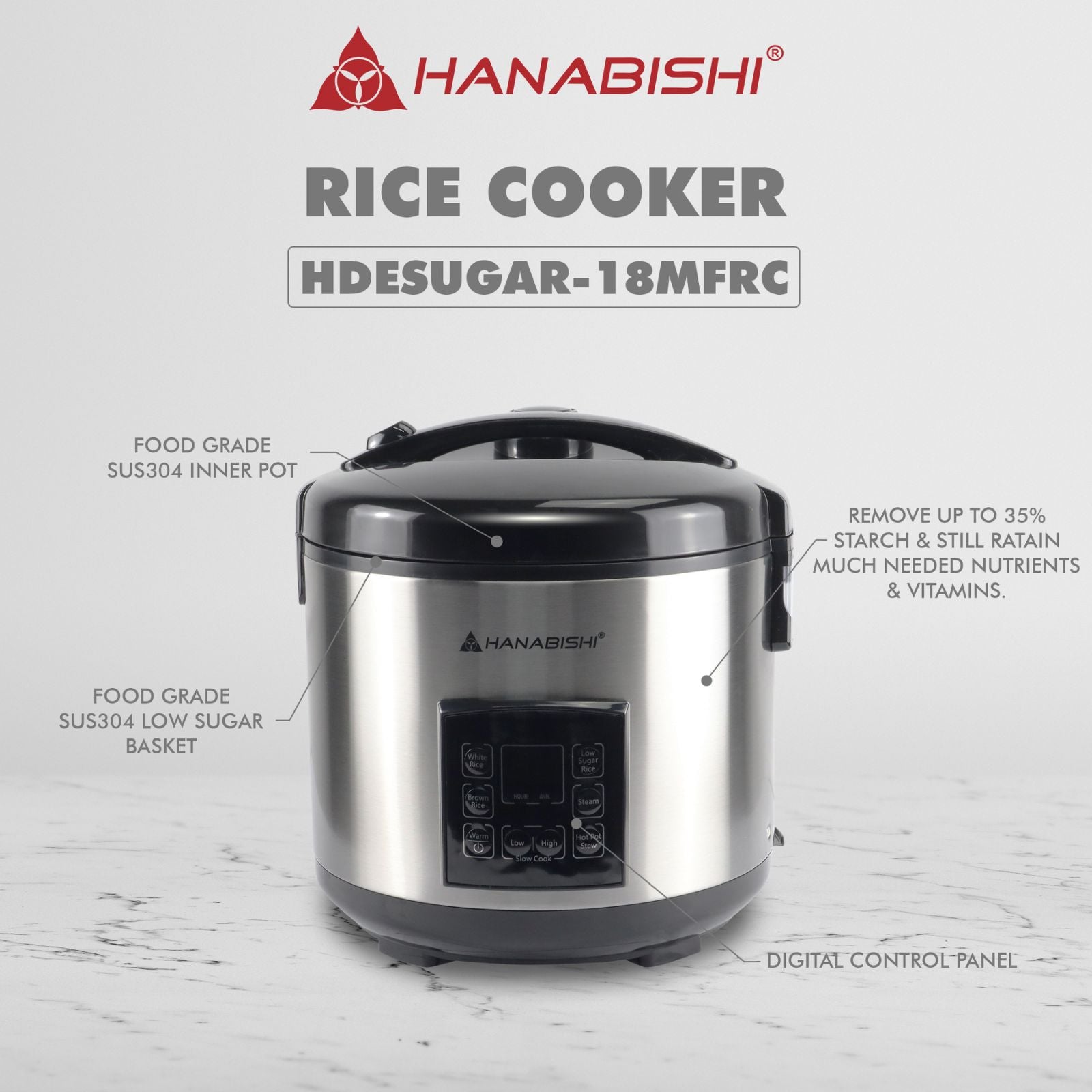 Hanabishi Low Sugar MultiFunction Rice Cooker HDESUGAR18MFRC
