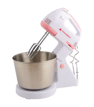 Hanabishi HHMB120SS pink hand mixer with stainless steel mixing bowl